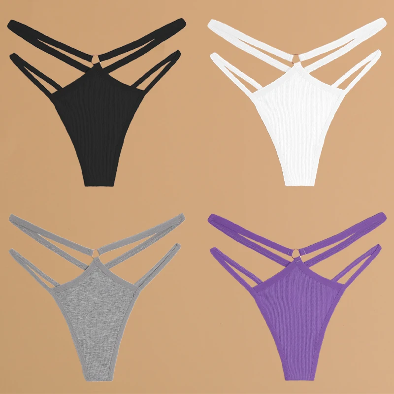 FINETOO 4 Stück Baumwolle Doppel Dünne Gürtel Unterwäsche für Frauen Sexy Niedrige Taille Gestreifte Tangas Damen Soild Höschen Atmungsaktive Dessous