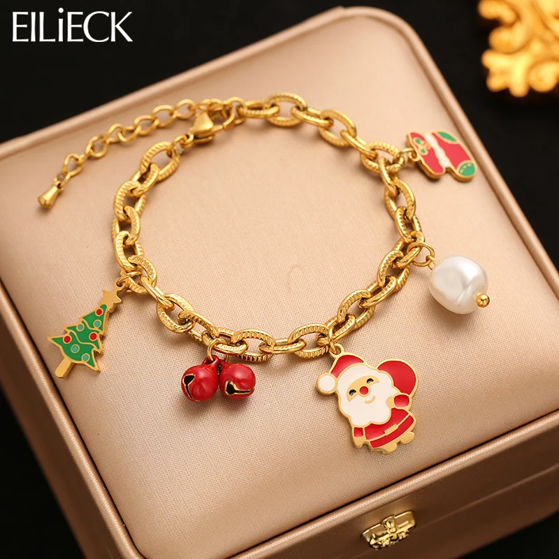 

EILIECK Christmas Snowman Charm Bracelet For Women Fashion Stainless Steel Wrist Chain Handmade Waterproof Jewelry Holiday Gift