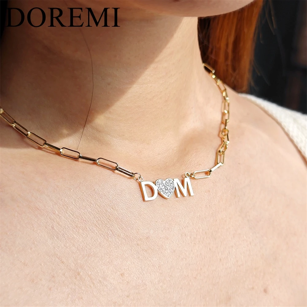 

DOREMI Proposal Mother Day Best Elegant Gift Anniversary Custom Name Thick Chain Gold Plated Necklace Heart Crystal Necklace