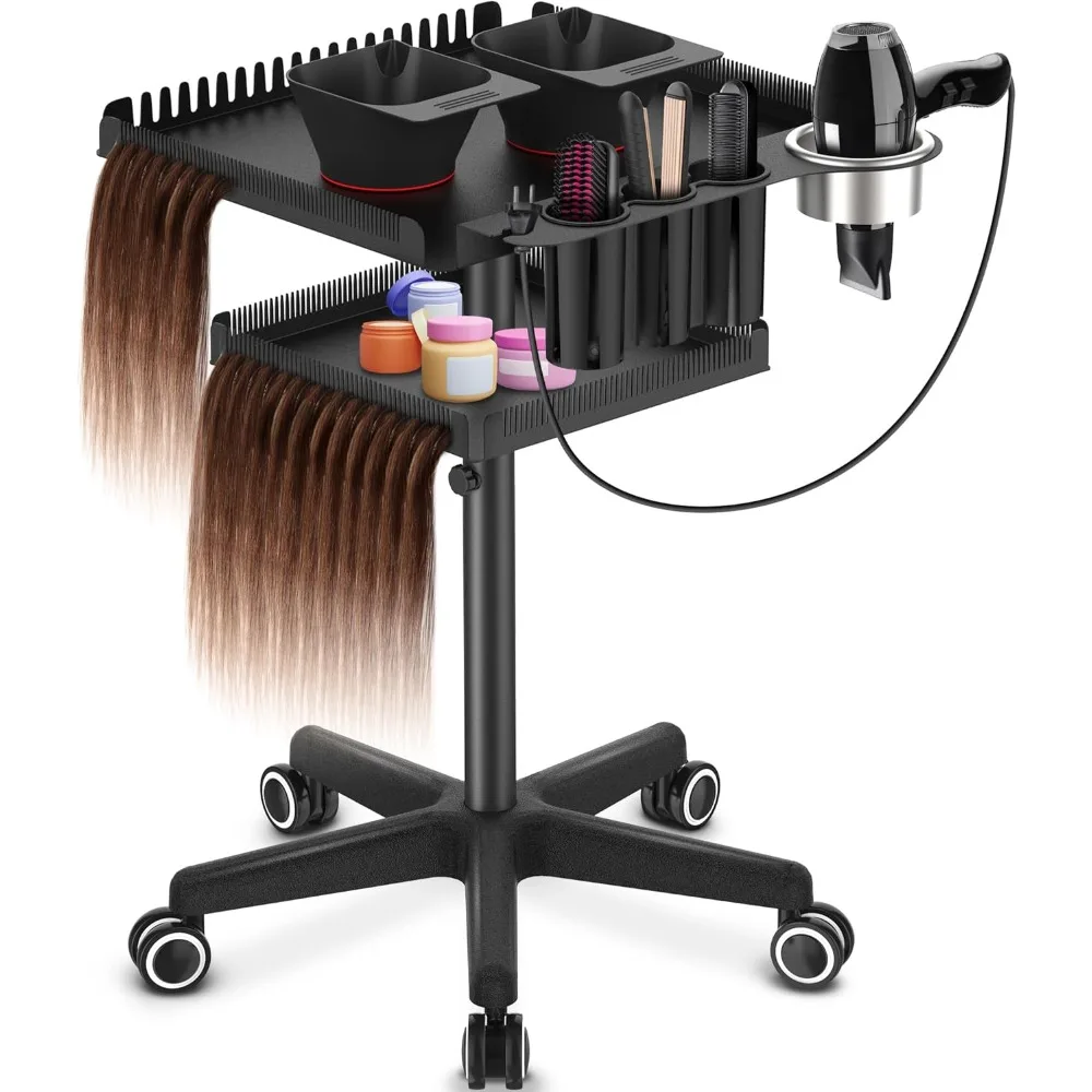 Rolling Salon Tray on Wheels, Metal Hairstylist Tray with Holder and Hair Separator Stand with 2 Magnetic Hair Color Bowls