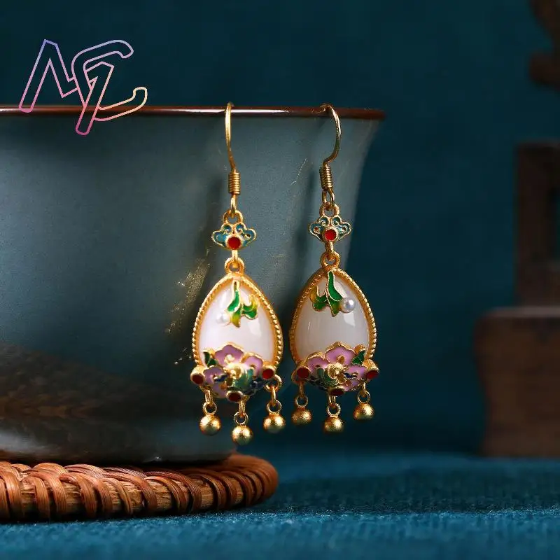 Natural Jade Flower Earrings Charm Amulet Designer Real Jewelry Vintage Accessories 18K Gold Plated Gifts for Women - view 2