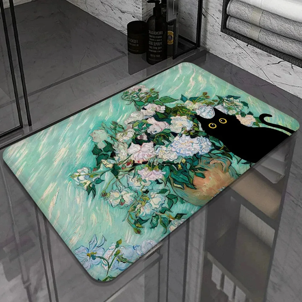 Oil Painting Little Black Cat Bathroom Non-silp Doormat Suitable for Living Room Entrance Decorative Accessories Pad Bedroom Rug