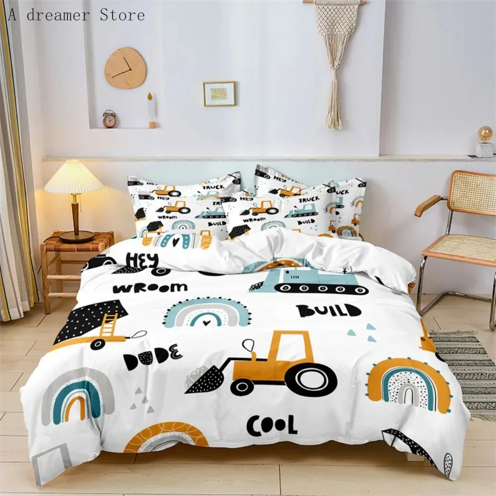 

Boys Cartoon Car Bedding Set Construction Vehicles Comforter Cover 23pc Kids Cartoon Machinery Truck Soft Polyester Duvet Cover