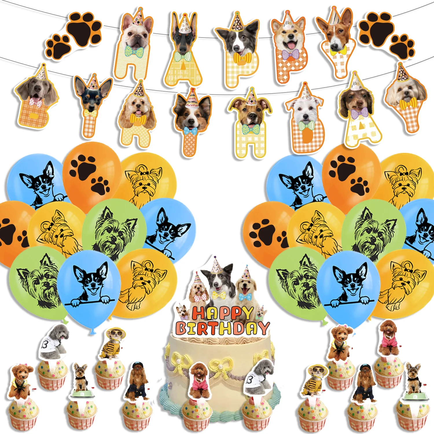 

Dog Print Birthday Pull Flag Children's Birthday Welcome Baby Party Balloon Banner Cake Topper Background Hanging Decoration