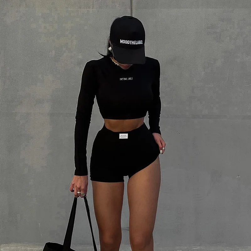 Skinny Yoga Suit Long Sleeve Crop Top Short Tshirt Suits Women Streetwear Fashion Letter Embroidery Shorts Two Piece Set Outfits