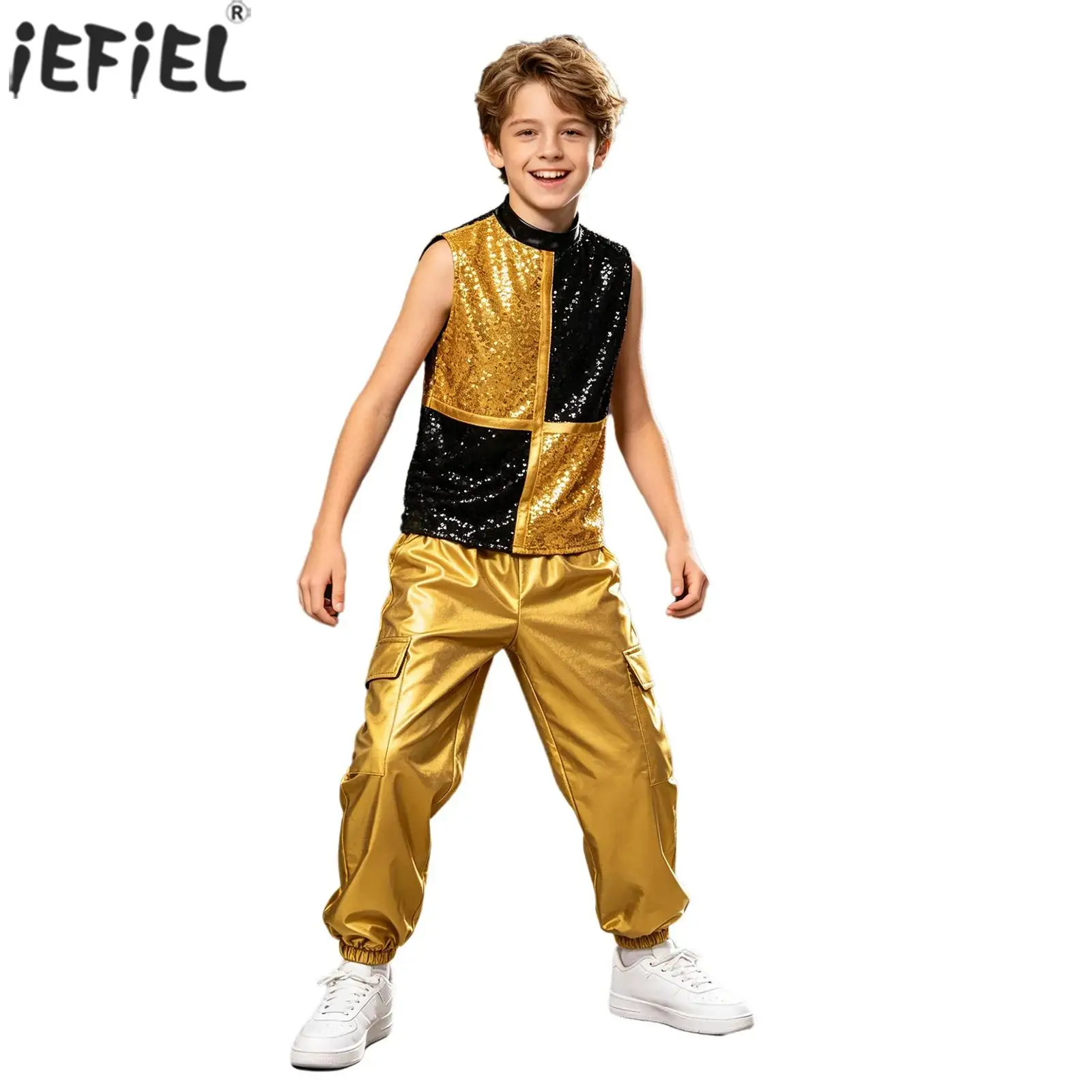 Kids Boys Metallic Jazz Dance Costume Sleeveless Shiny Sequins Color Block Top with Cargo Pants Disco Hip Hop Street Dancewear