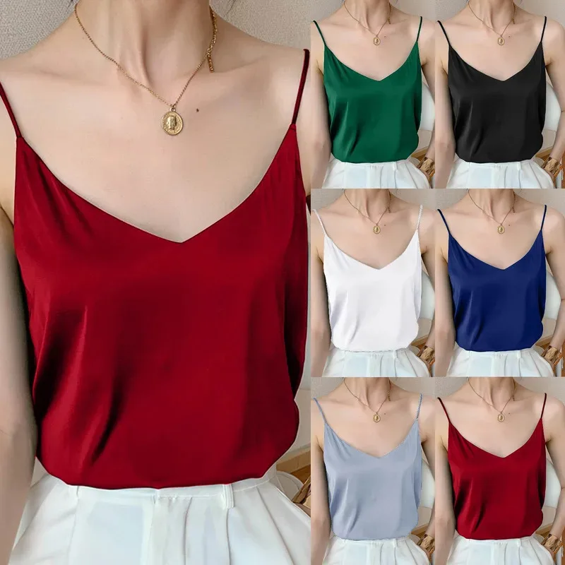 

Sexy Thin Strap Women'S V Neck Sleeveless Satin Tank Top Silk-Like Satin Top Camis Tanks Camisoles Strappy Clothes Ladies