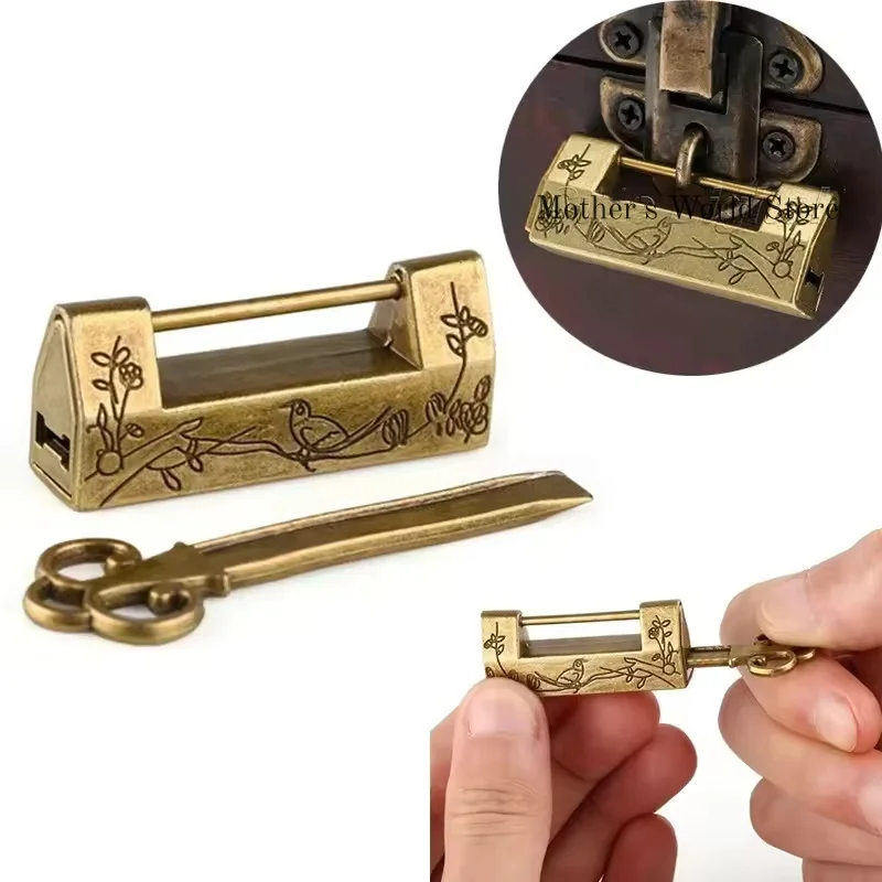 2 styles Chinese Vintage Antique Locks Old Style Lock and Key Excellent Brass Carved Word Padlock
