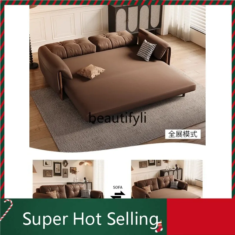 K132 Retro first-layer leather solid wood sofa bed foldable multi-functional dual-purpose small apartment living room Maillard