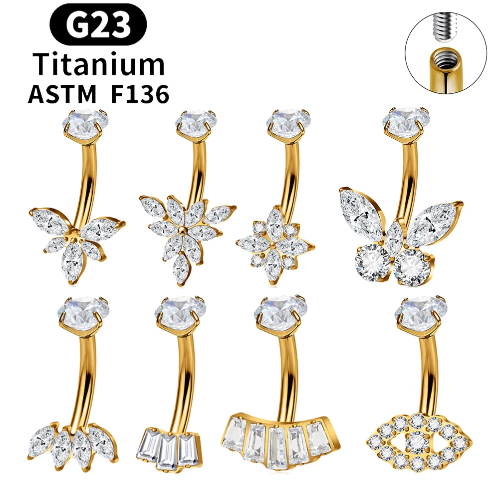 ASTM F136 Titan Schmetterling CZ Bauchnabelring 14G Gebogene Barbell-Stange Blumen-Nabelpiercing Körperschmuck