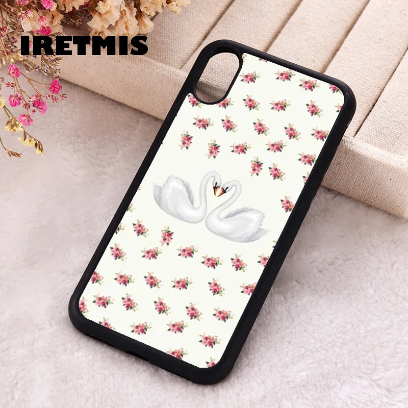 Iretmis Phone Cover Case For iPhone X XS Max XR 11 12 13 PRO MINI 14 15 16 Plus Rubber Silicone Swan Love Pink Floral