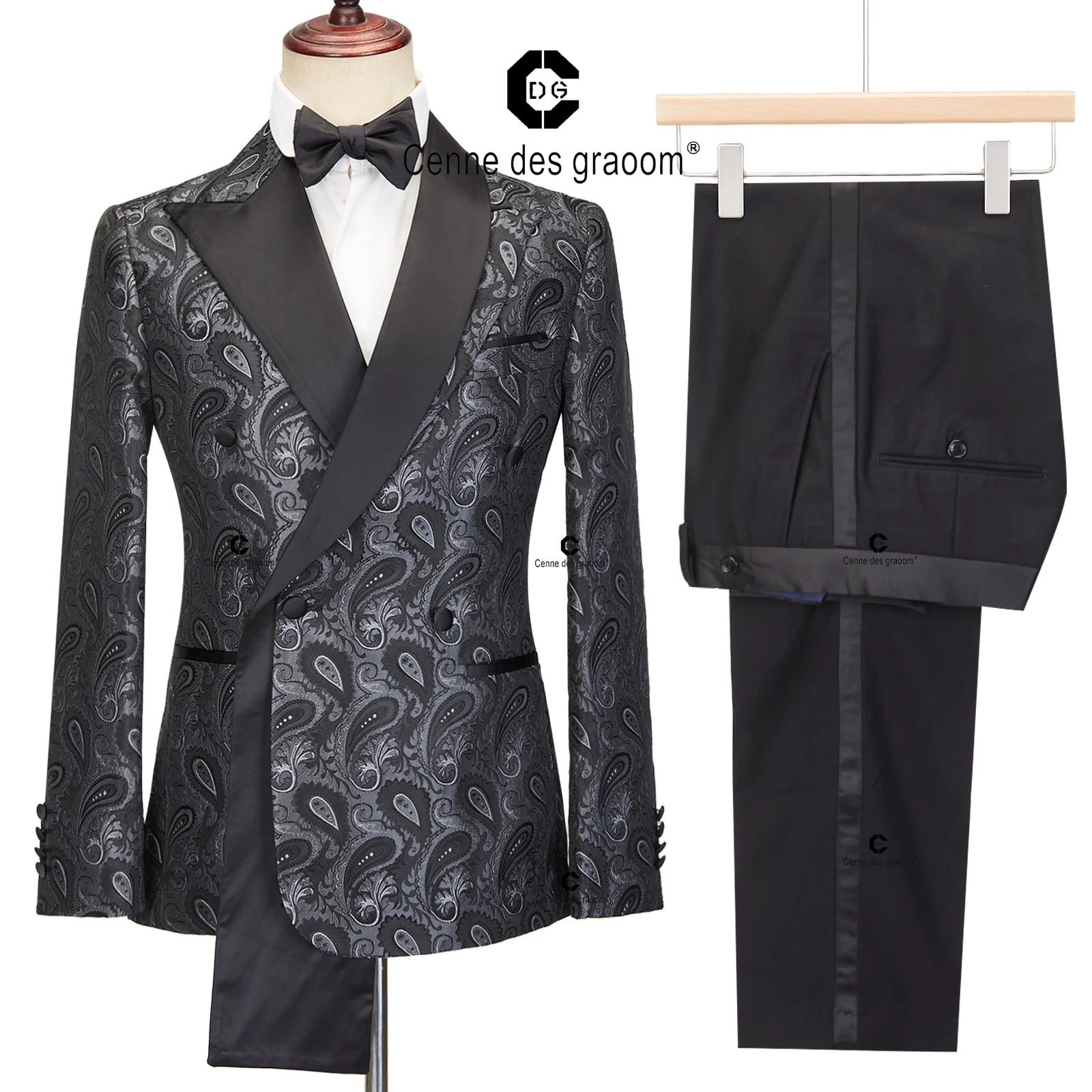 Cenne Des Graoom 2024 New Double-breasted Tuxedo Suits for Men Floral Paisley Jacquard Blazers Pants Wedding Party Wear Prom ﻿