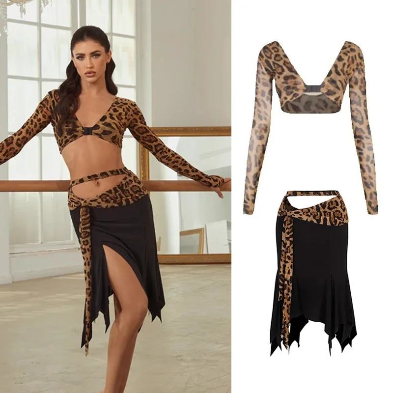 Traje de baile latino para mujer, Top latino de leopardo Sexy, faldas irregulares, ropa de baile de salón profesional para fiesta y escenario SL9034