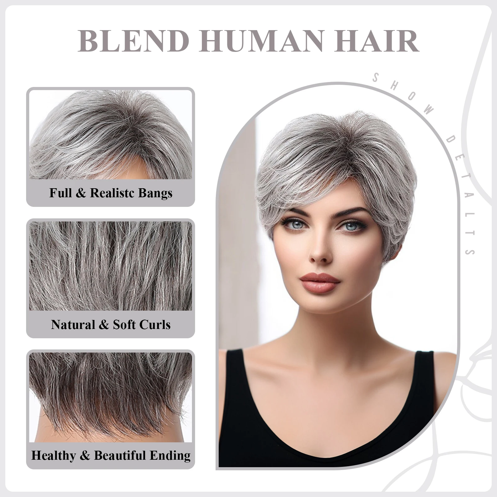 Perucas curtas de cabelo humano para mulheres, corte Pixie, cinza espacial, cabelo ombre, peruca natural fofa com Franja, festa à fantasia, moda feminina