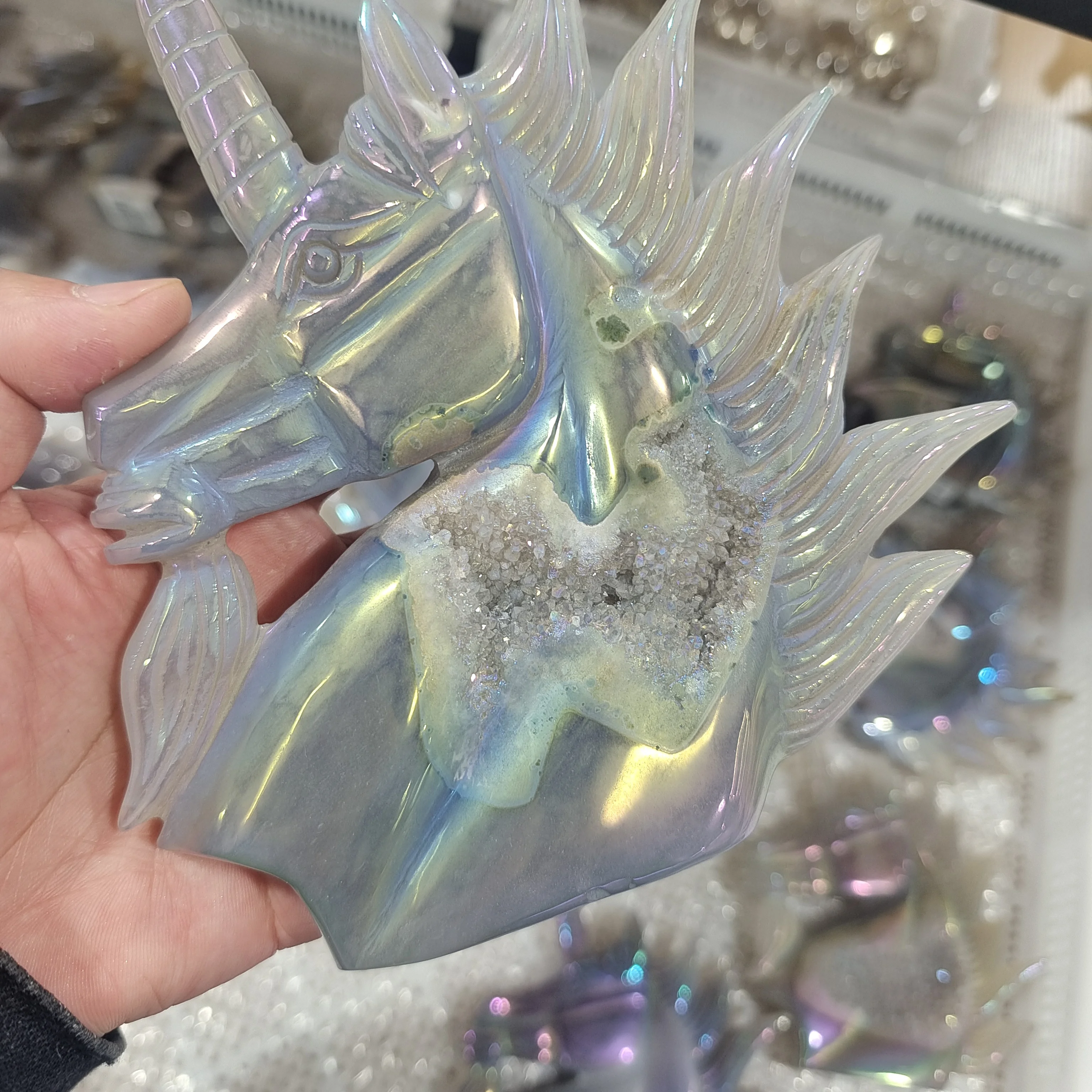 

15cm Natural Agate Geode Unicorn Figurine Carving Quartz Horse Skull Healing Crystal Home Decor ornaments Decoration Crafts 1pc