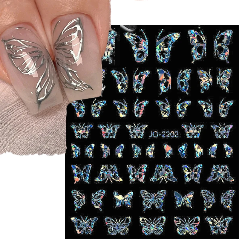 Sliver Butterfly Nails Art Stickers Hollow Fuidity Fairy Butterfies Stars 3D Decal Manicure Holographic Bronzing Slider