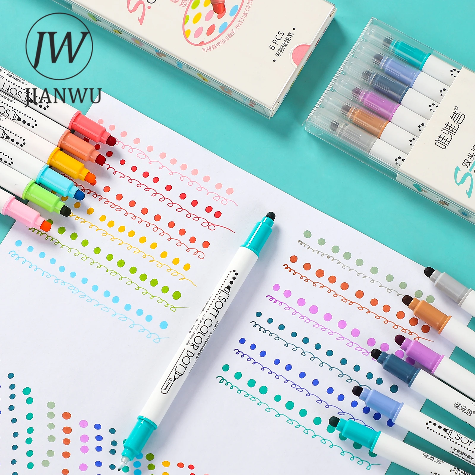 JIANWU 6Pcs/Set Cute Creative Double Head Highlighter Polka Dot Soft Color Pen Student Drawing Marker Kawaii Stationery Supplies