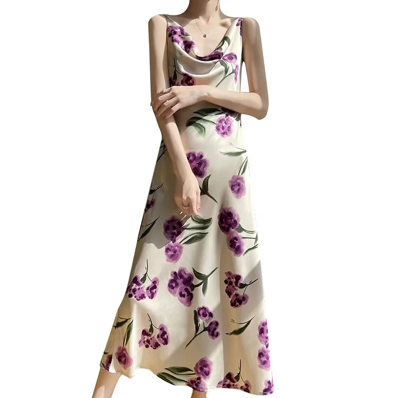 Ele Zijde Lange Gedrukt Dr Dames Zomer Slim Fit Band V-Ne Hoge Taille A-lijn Jurk Koreaanse Sle Casual Kantoorkleding