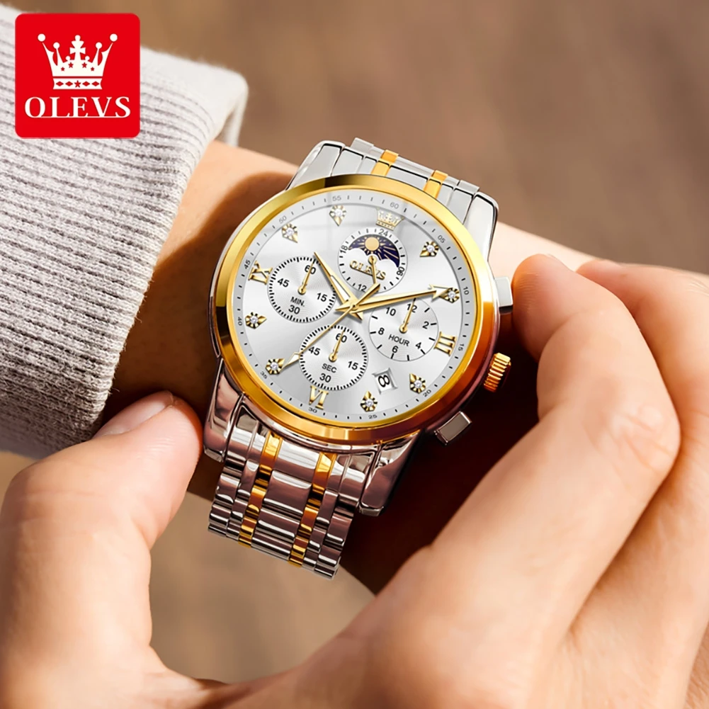 OLEVS 3655 Moon Phase Classic Three Eye Dial Men\'s Watch Stainless Steel Watch for Male Butterfly Buckle Waterproof Quartz watch