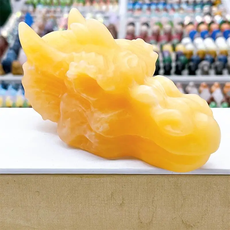 12.5CM Natural Yellow Calcite Dragon Skull Carving Craft Animal Gift Crafts Feng Shui Home Decoration Stone Statues 1PCS
