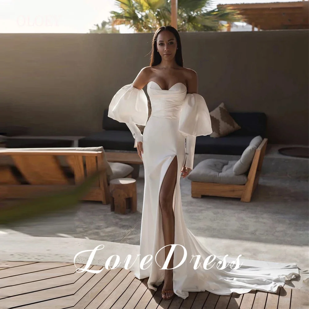 Amor-Querida Vestidos de casamento sem alças, simples Mermaid Stain, Sexy High Side Slit, costas abertas, mangas plissadas lanterna, vestido de noiva