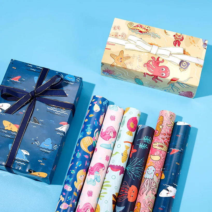 9 Pcs Cartoon Sea World Style Wrapping Paper Roll for Wedding Kids Birthday Holiday Baby Shower Gift Wrap Crafts Paper Decor