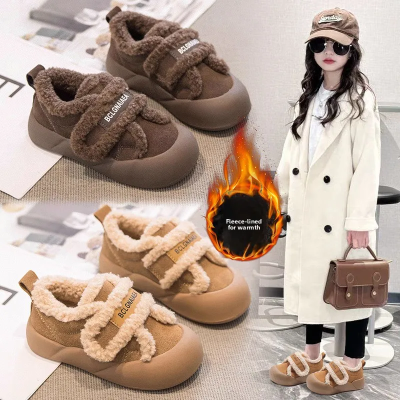 2025 Winter New Children's Shoes Girls Korean Style Lamb Wool Girl Cotton Shoes Thicken Velvet Warm Anti-kick Furry Shoes