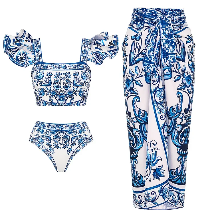 Blue Porcelain Pattern Bikini Set for Women, Majolica Print Swimsuit and Skirt, Swimwear, Bathing Suit,  New, 2024