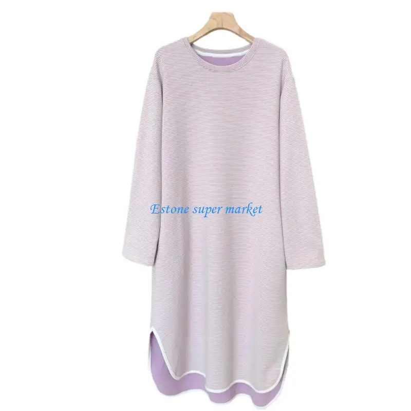 090B ثوب نوم مخطط حراري للأمهات نسيج أكريليك ناعم فضفاض مناسب للتنفس ملابس نوم للحمل لراحة الشتاء #1