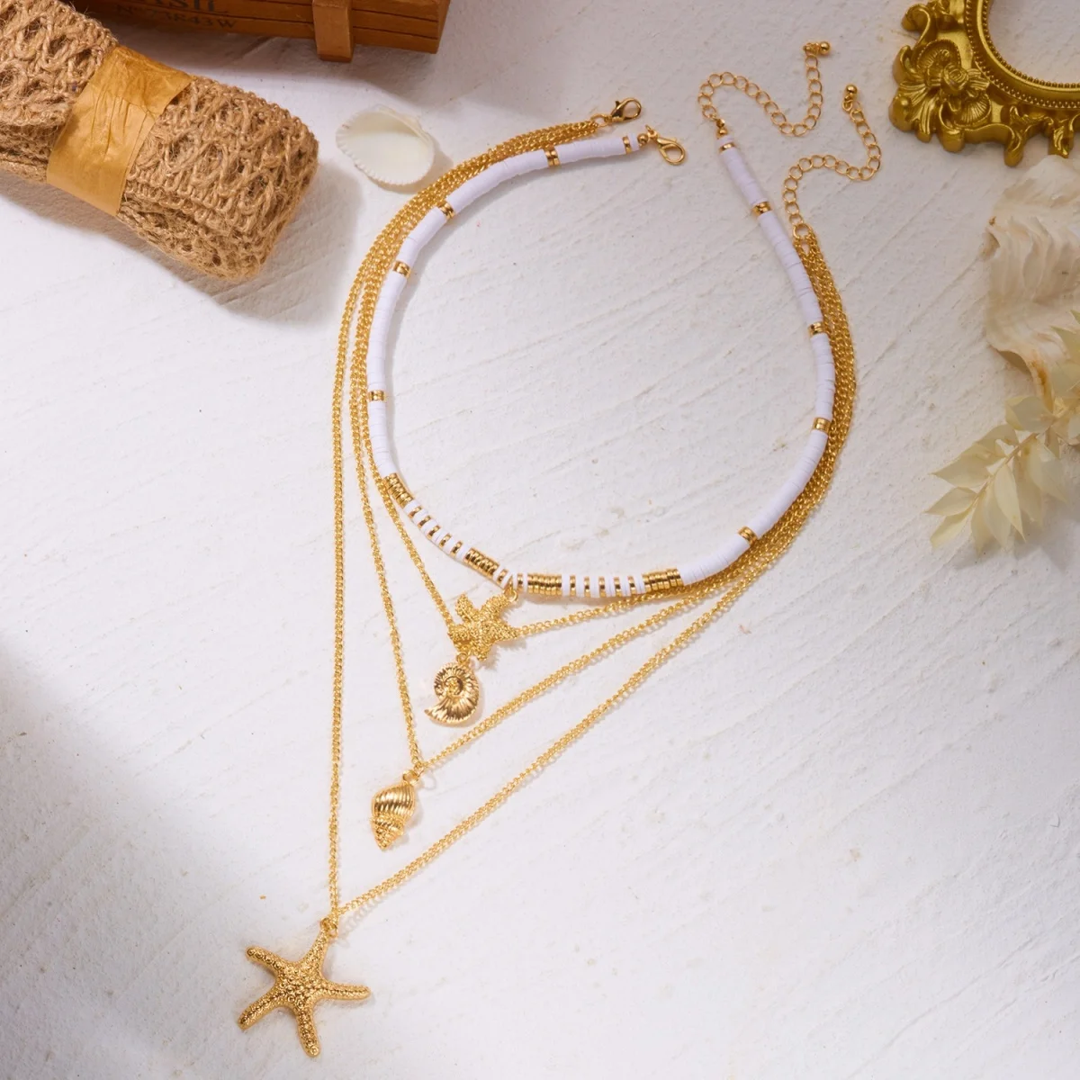 Mehrlagige Halskette mit imitierten Perlen, Herzanhänger aus weichem Ton, Muschel- und Seesternanhänger für Damen und Herren, Sommer-Muschel-Choker, Schmuckgeschenk – Detail 14