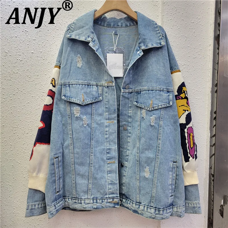 

ANJY Autumn New Women's High Street Vintage Single Breasted Pockets Denim Patchwork Cartoon Printed Beaded Diamonds Jacket A7771