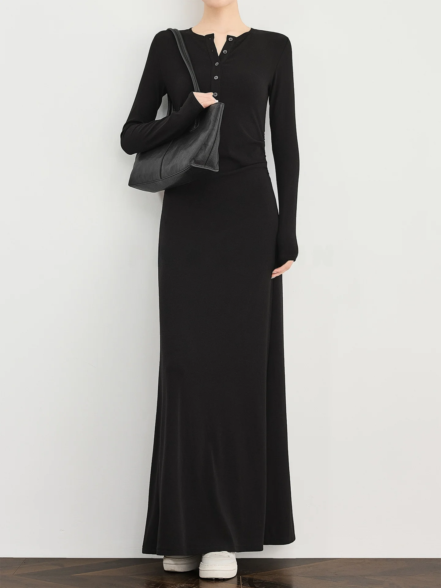 

Ele Bla Long Sve Knitted Slim Fit Dr Women's Henry Collar Long Dr Base Skirt Commute Sle High Waist Gel Fiber