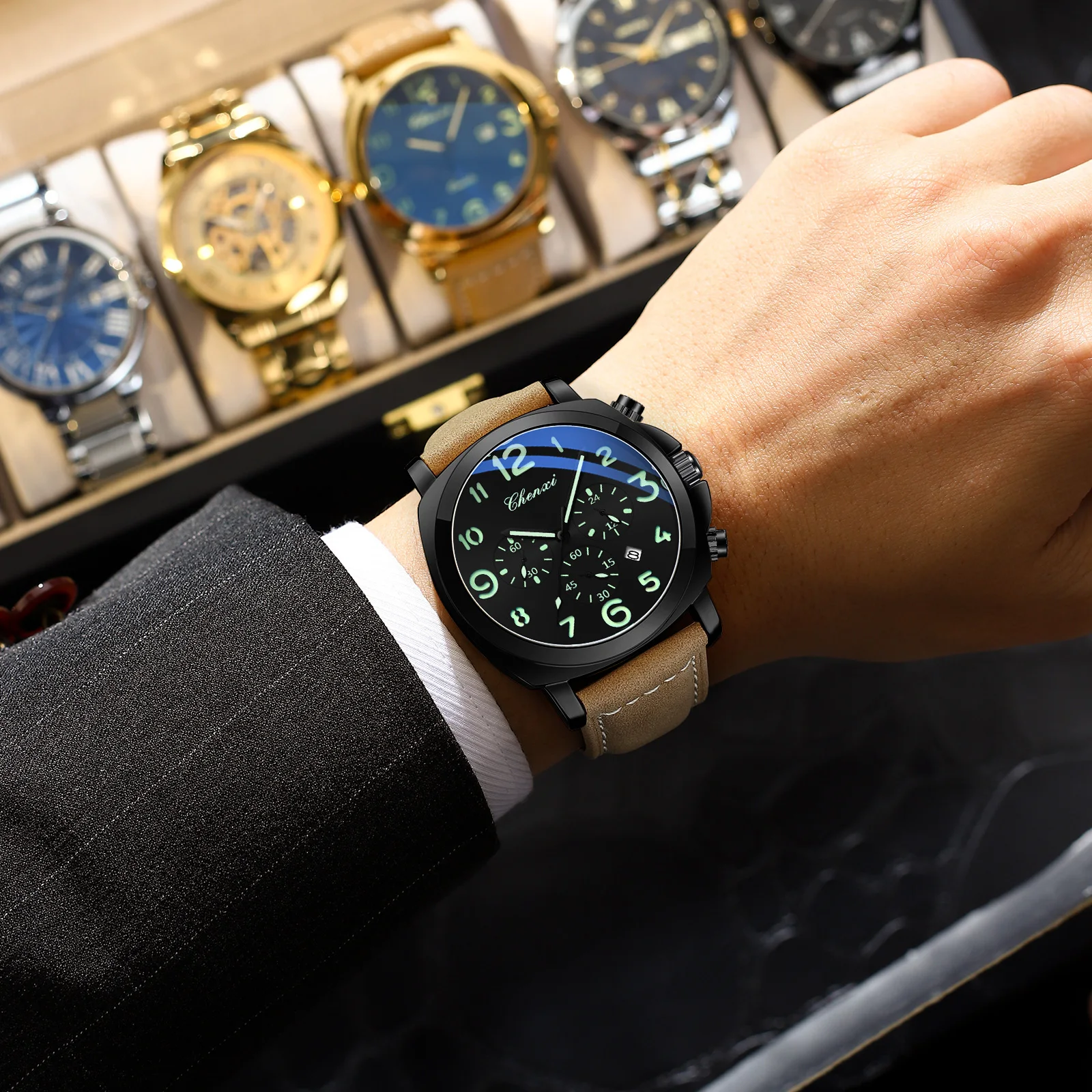 陳西954トップブランド防水メンズ腕時計レザーストラップスポーツクォーツメンズ腕時計クロノグラフ腕時計メンズ腕時計男性用腕時計