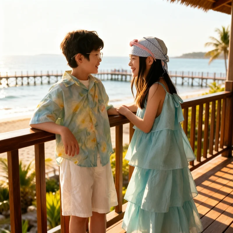 Vacatio Brother Sister Matching Outfits Summer Sibling Clothes Boys Girls Korean Shirt Tiered Ruffle Maxi Dress Kids Outfits 3