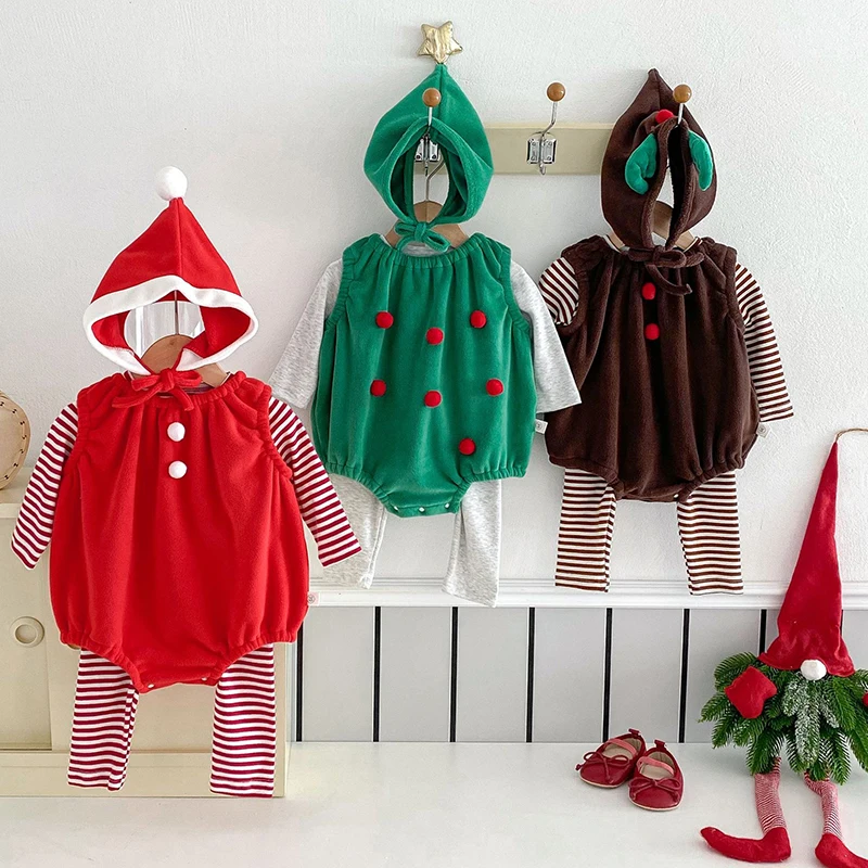 0-24M Christmas Newborn Baby Romper Suit Toddler Infant Boys Girls Green Red Deer Santa Jumpsuit Cute Xmas Costumes Clothing