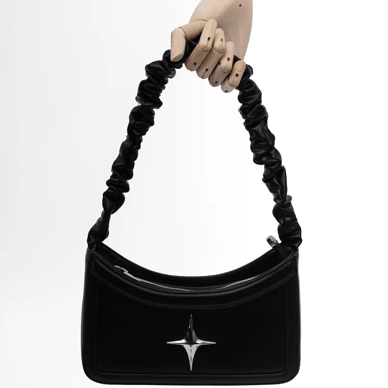 Vintage Pleated Star Black Women\'s Handbags Fashion Simple Trendy Shoulder Crossbody Bag Korean Y2k Girls Casual Top-Handle Bags