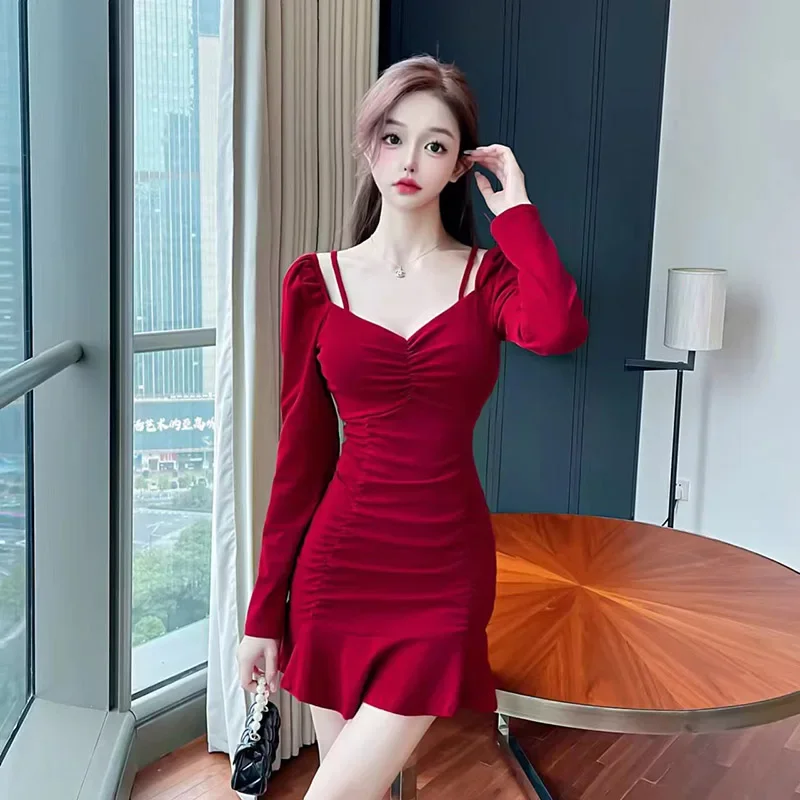 

Sexy Off The Shoulder Slim-fit Long-sleeved Suspender Bodycon Mini Dress Party Club Sexi Night Dress Hot