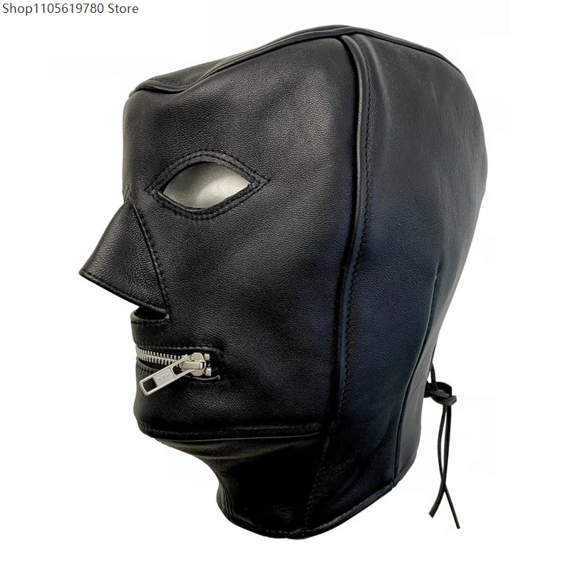 3D Molded Full‑Head PU Leather Hood Mask Exposed‑Mouth Zipper Design Back Cross‑Tie Adjustable Lacing Fastener Cosplay Prop