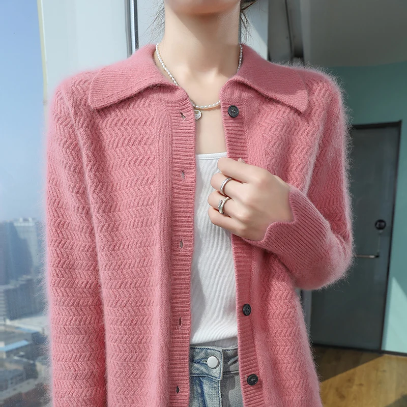 100% Mink Polo Collar Cardigan Sweater Knitted Soft High Quality Female Velvet Cashmere Blouse Basic Sweaters 2024 Autumn Winter