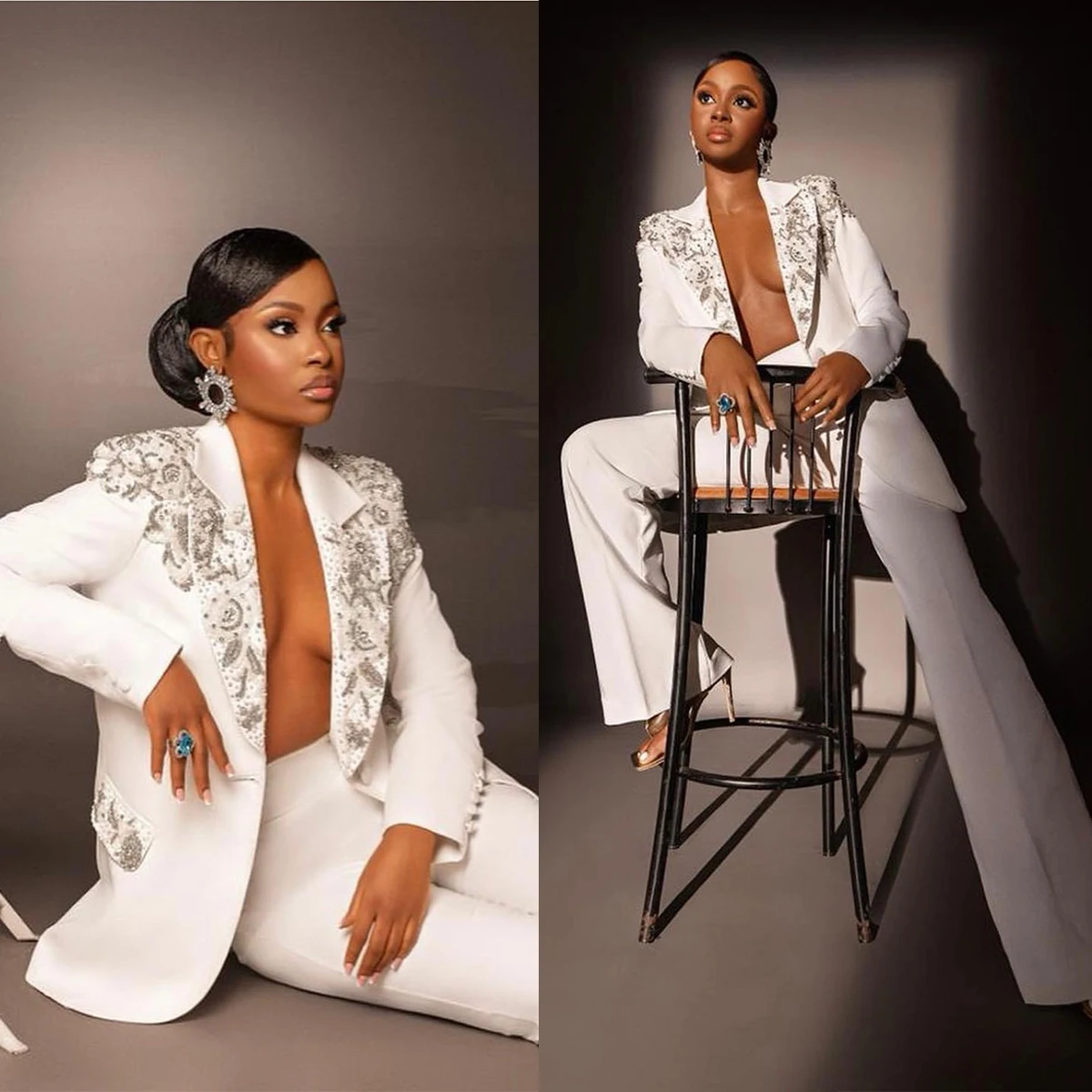 

Silver Beading Women Pants Suits Wedding Blazer For Parties Wear White Customized Jacket Set 2 Pieces