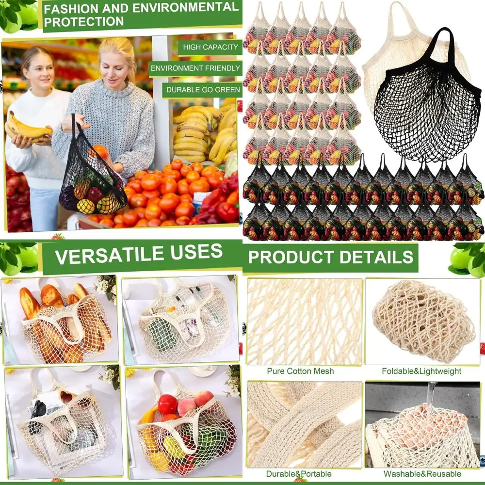 

Cotton Mesh Bulk Reusable Bags - Washable Market Tote for Grocery, Beach, Picnic, and Food Storage (Short Handle, Beige & Black)