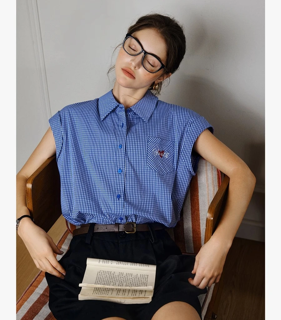 OLrain Summer Blue Plaid Shirt Women 2025 Ladies Casual Short Sleeve Letter Embroider Pocket Woman Shirts & Blouses O57XC98016