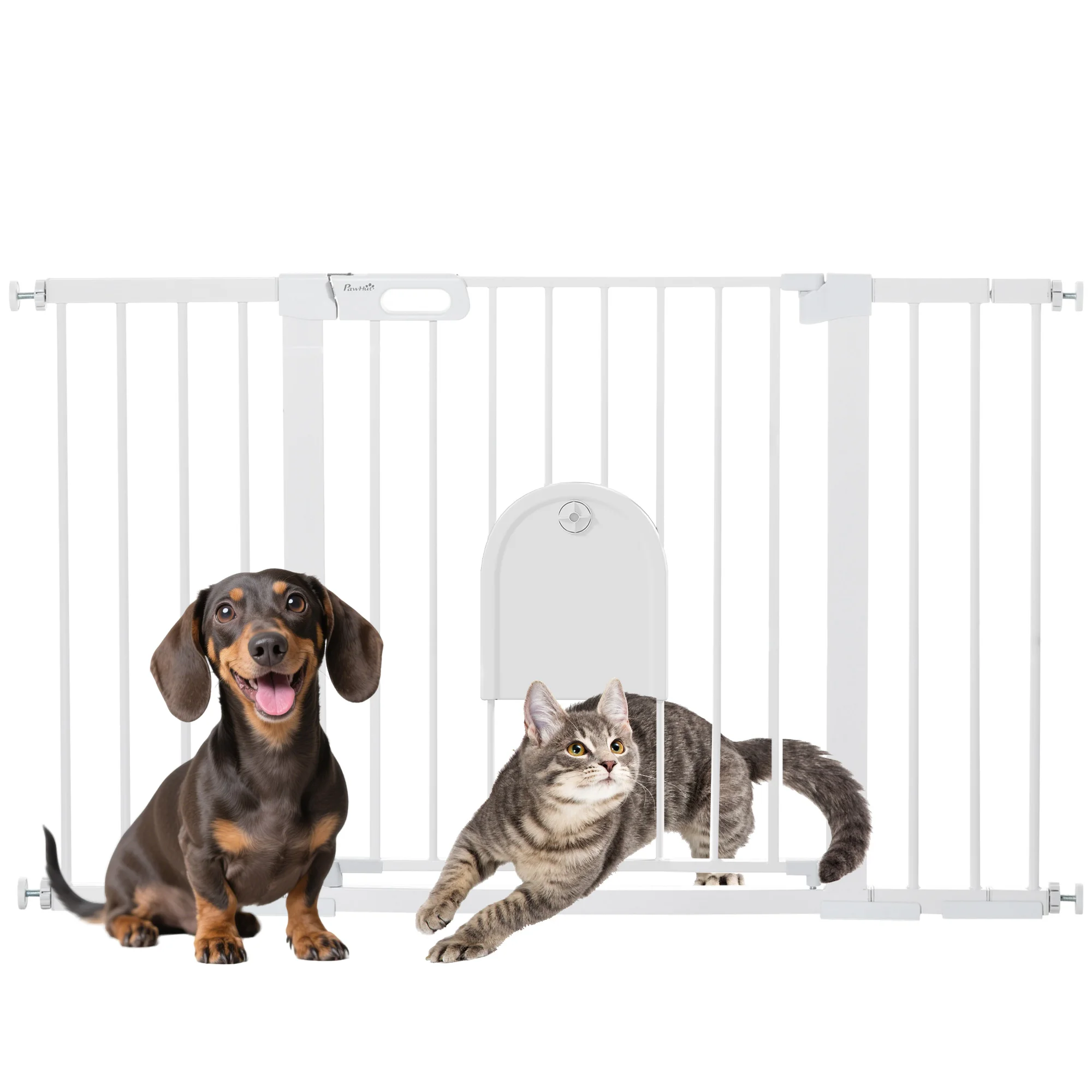 PawHut Barrera de Seguridad para Perros con Puerta Pequeña para Escaleras y Puertas 75-131 cm con 3 Extensiones