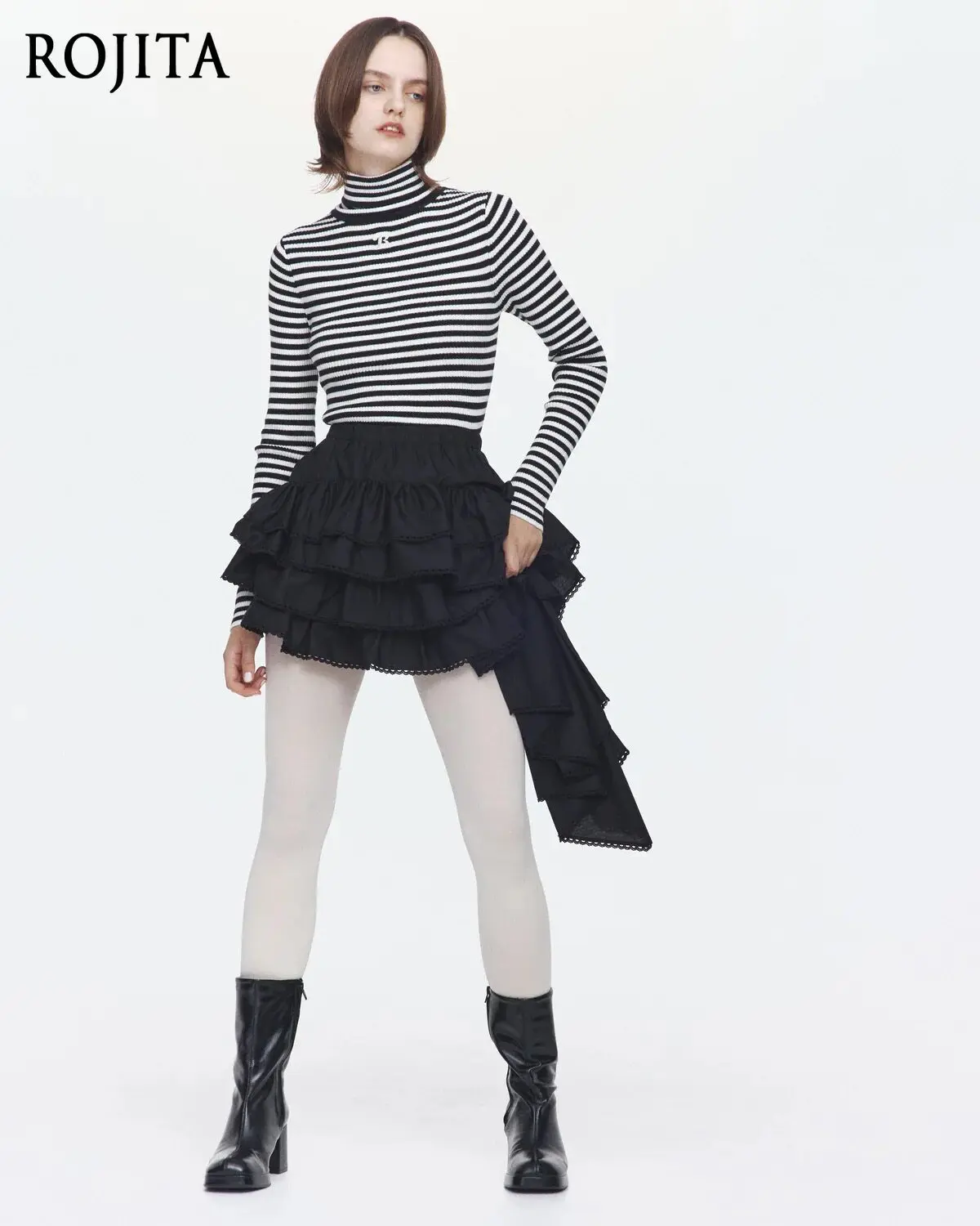 Cute Irregular Design Short Lace Cake Skirt Varsity Style V-Neck Knit Striped Trim Letter Patch Cropped Sweater