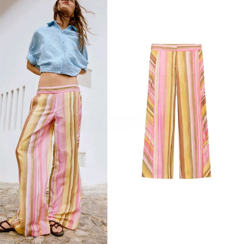 

Summer New Arrival Casual High Waist Striped Multi-Color Print Wide Leg Pants Commute Style Ladies Fashion Polyester Fiber