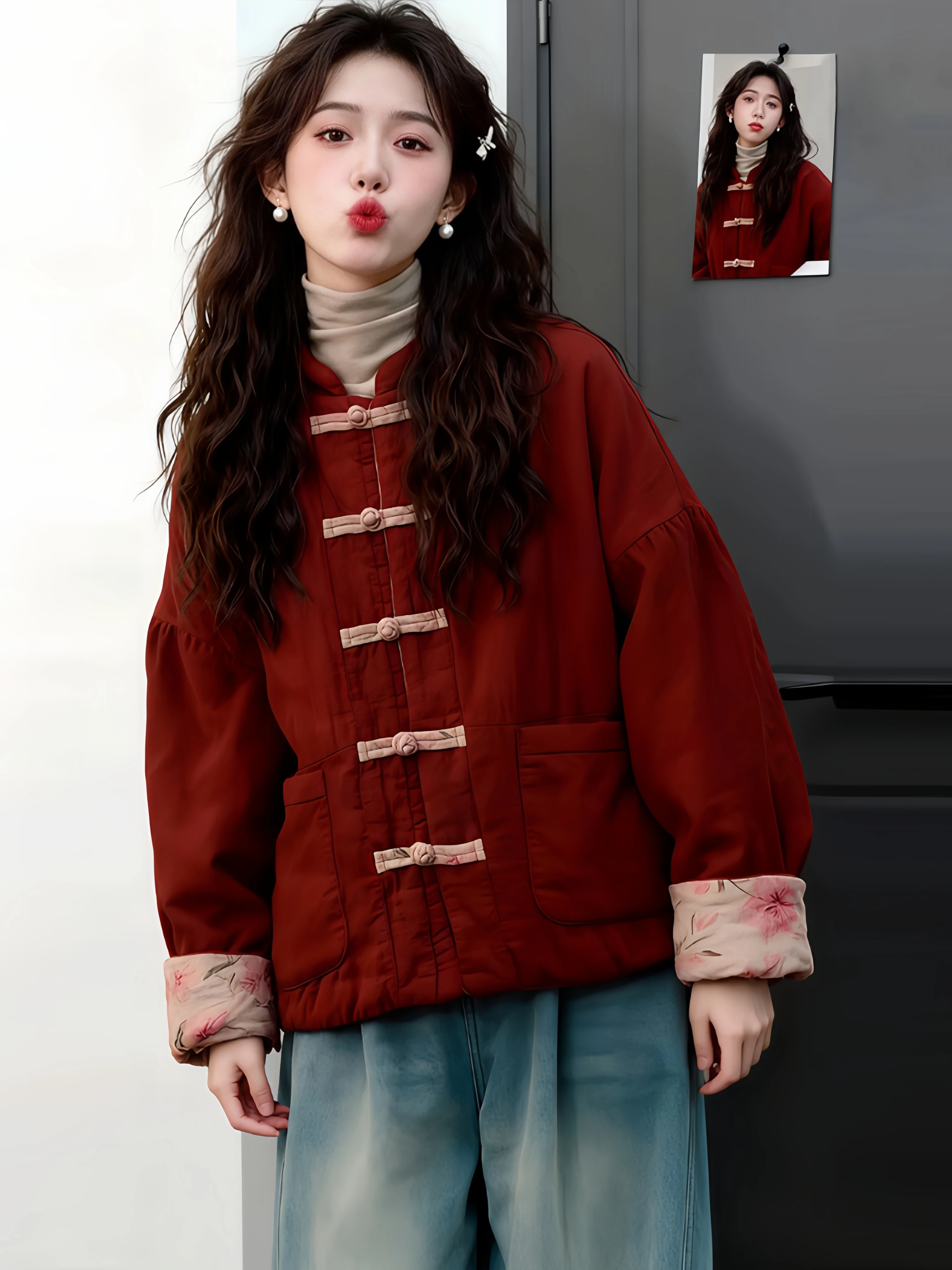 Red Double-Sided Cotton Jacket Women's Stylish Retro Print Cotton Linen Coat Breathable Long Sleeve Home Wear with Buttons