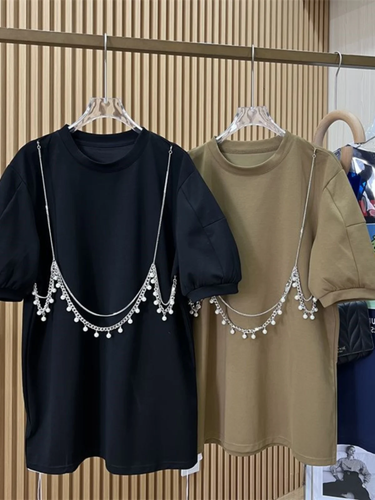 plus Size Women's T-Shirt Bubble Sleeve Heavy Embroidery Casual Loose Thin Short Sleeve Top Korean Style round Neck Mid-Length