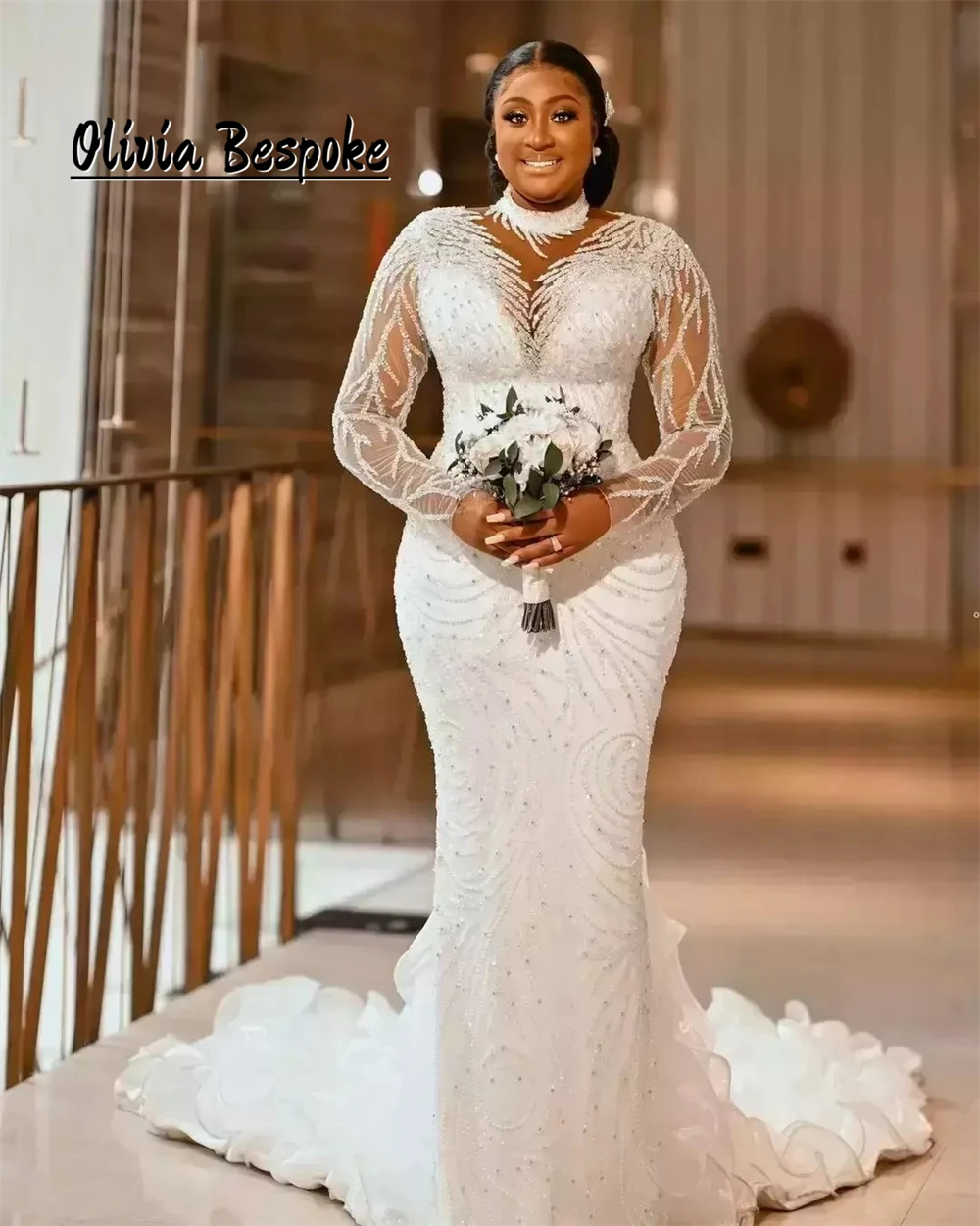 

African Aso Ebi High Neck Mermaid Wedding Dresses Long Sleeves Beads Bridal Gowns 2025 Plus Size vestido de novia Customized