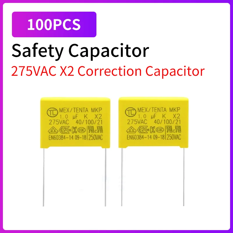 

100PCS Safety Capacitor 275VAC X2 Correction Capacitor 0.1 0.15 0.022 0.22 0.33 0.47 0.56 0.68 1uf Polypropylene Film Capacitor