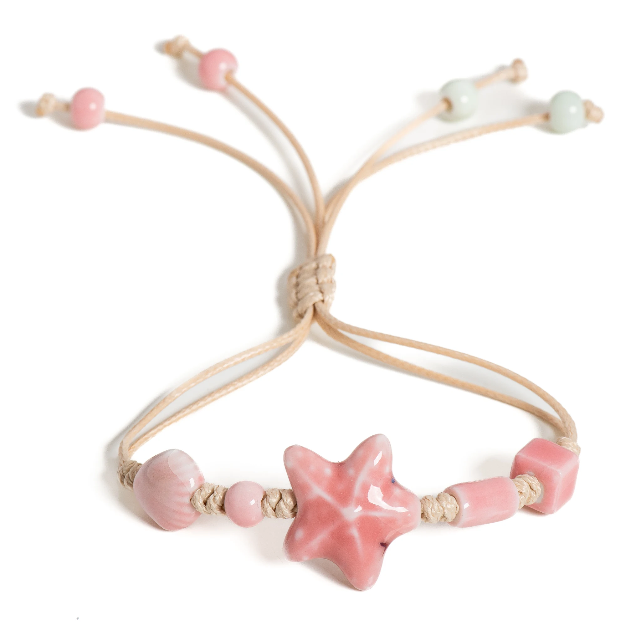 Handgefertigtes rosa Seestern-Keramik-Armband, Boho, verstellbarer Strandschmuck, Pulsera-Geschenke für Damen – S02-014